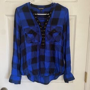 Express Women's Blue and Black Checkered Blouse